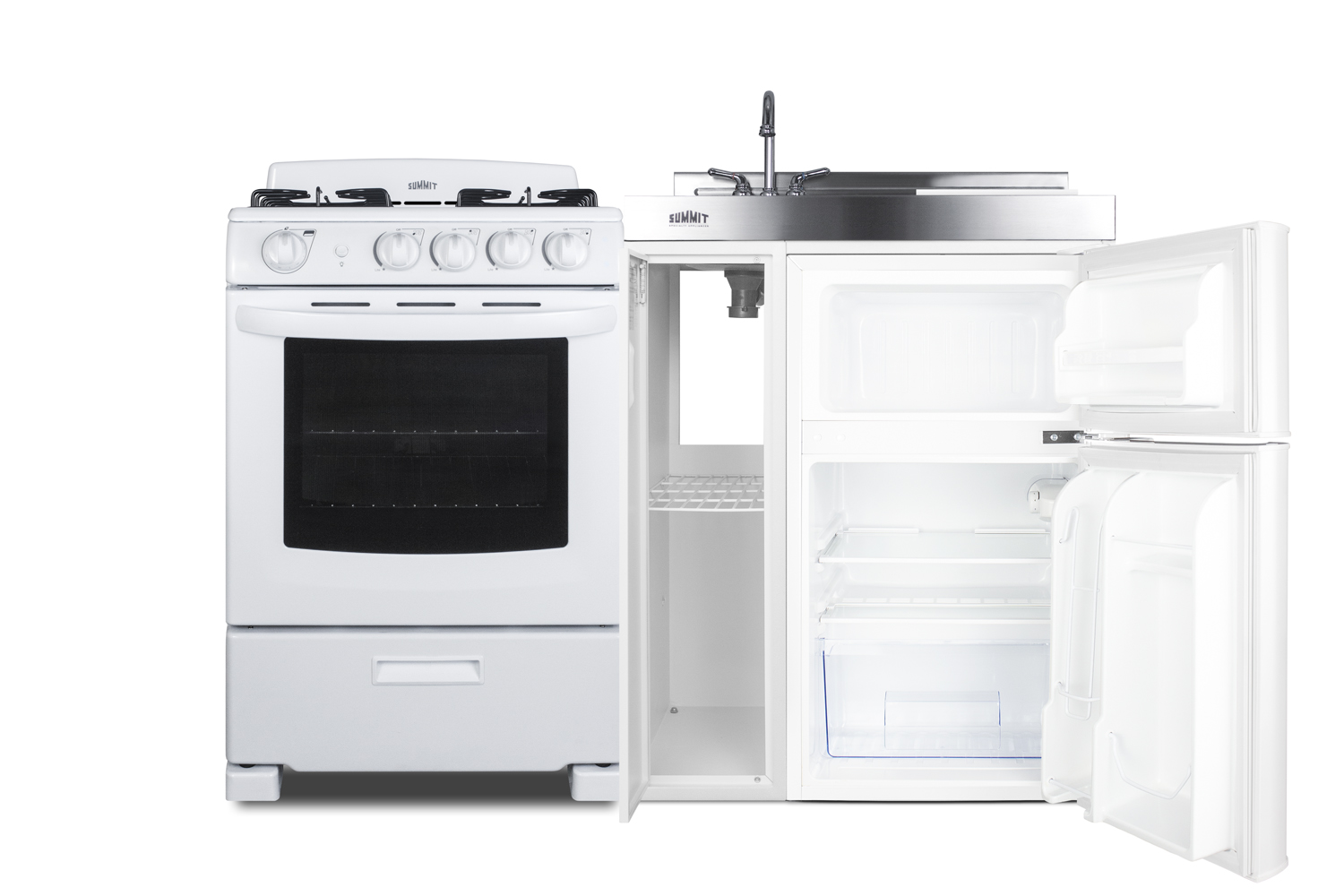 54 inch wide all-in-one kitchenette with 115V 4-burner gas range, refrigerator-freezer, sink, cutting board and cutlery storage, and a storage cabinet
